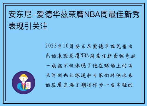 安东尼-爱德华兹荣膺NBA周最佳新秀表现引关注